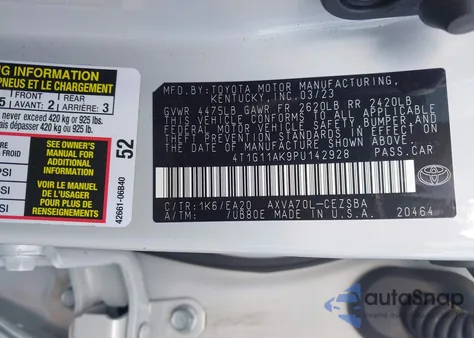 2023 Toyota Camry Se from USA, damaged, VIN 4T1G11AK9PU142928